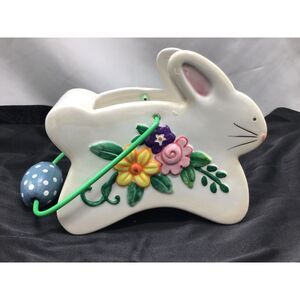Palm Tree Co. Easter Bunny Rabbit Floral Basket Planter Ceramic Spring Kitchy